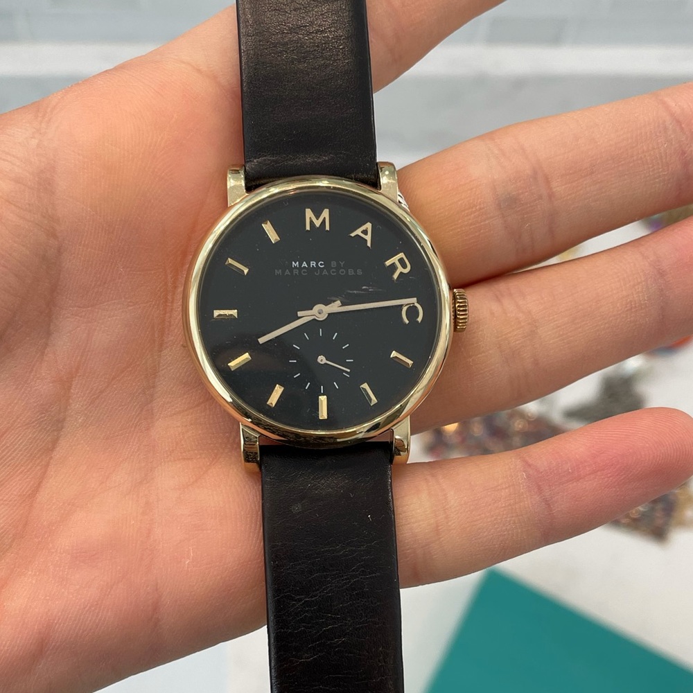 Marc Jacobs black leather and gold watch